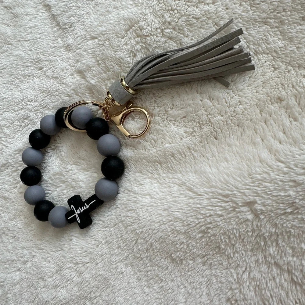 Wristlet Keychain Jesus Cross Tassel Black & Gray Beaded Keychain Bracelet NWT